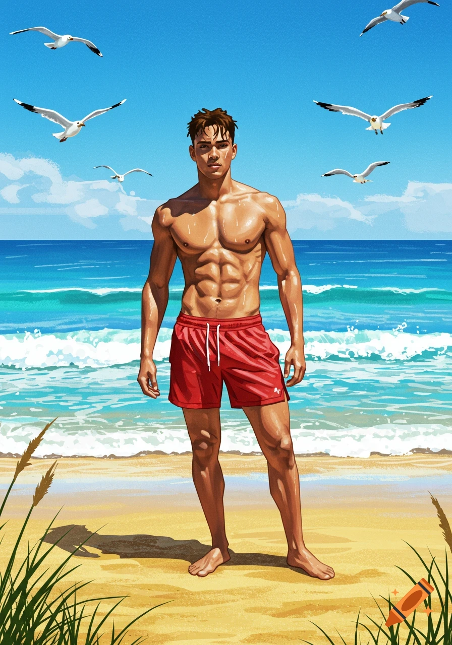 Muscular man in red swim shorts stands on a sandy beach with seagulls and blue ocean, illustrated style.