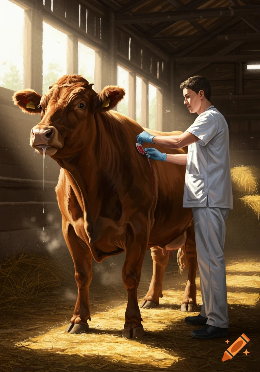 A veterinarian in a barn collects blood from a brown cow, which is salivating. Sunlight streams through barn windows.