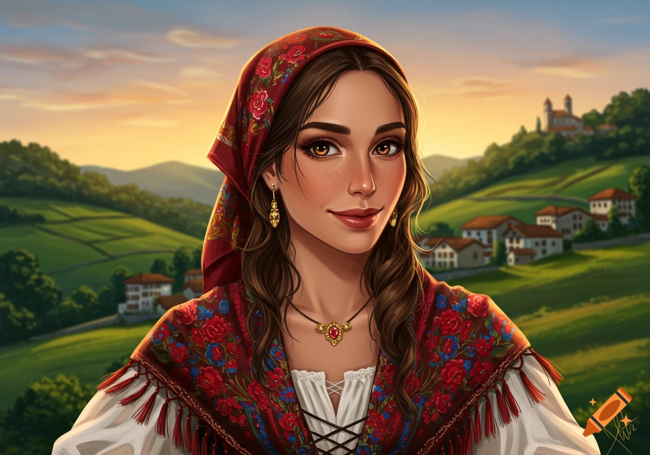 Digital painting of a smiling woman in traditional red floral headscarf and shawl, against a rural village with green hills at sunset.