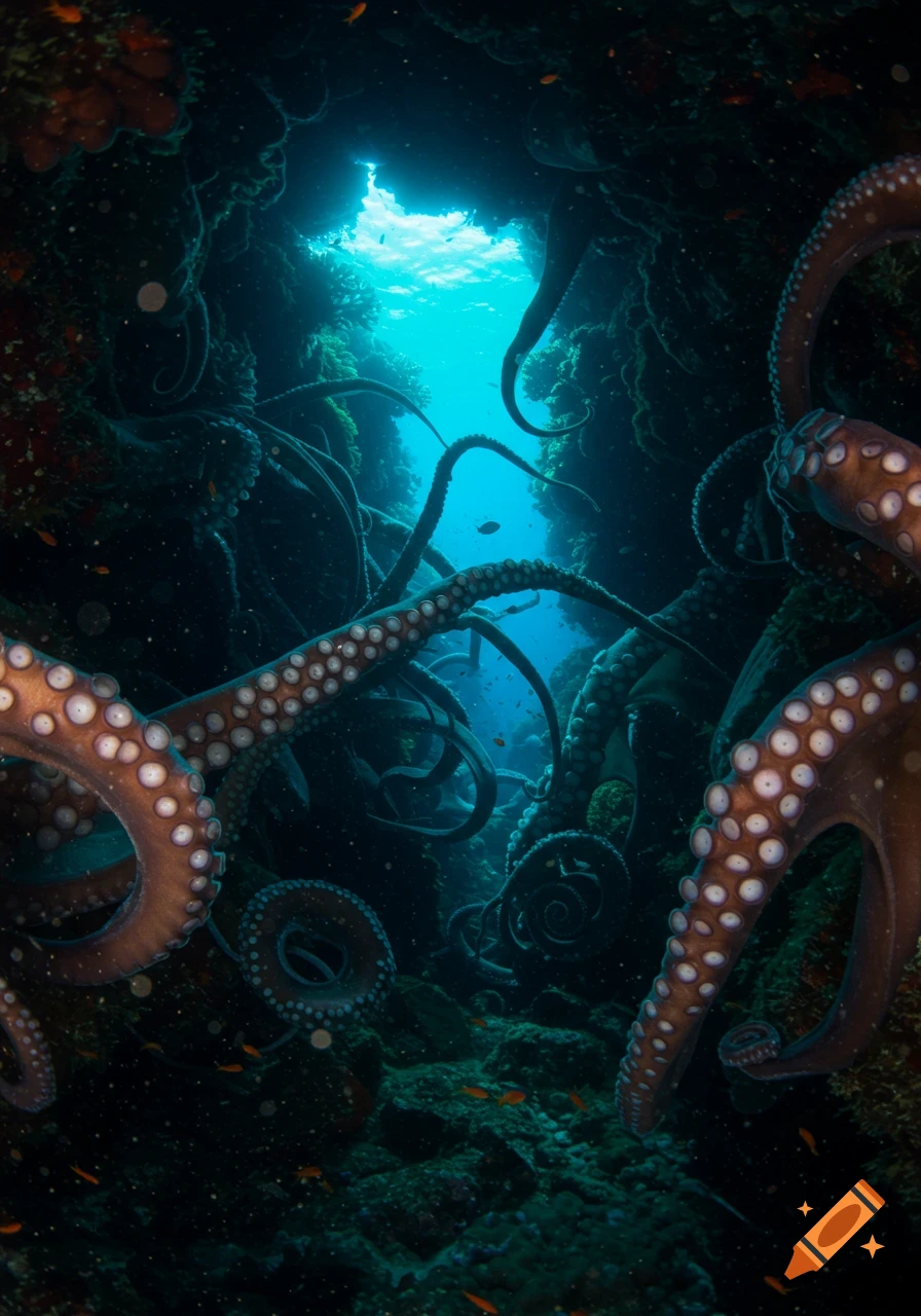A narrow underwater cave with walls covered in densely coiled octopus tentacles, light beaming from the entrance.