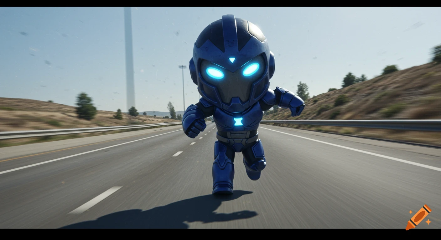 A blue, chibi-style robot resembling Mini Pekka runs on a highway with motion-blurred hills in the background under a bright sky.