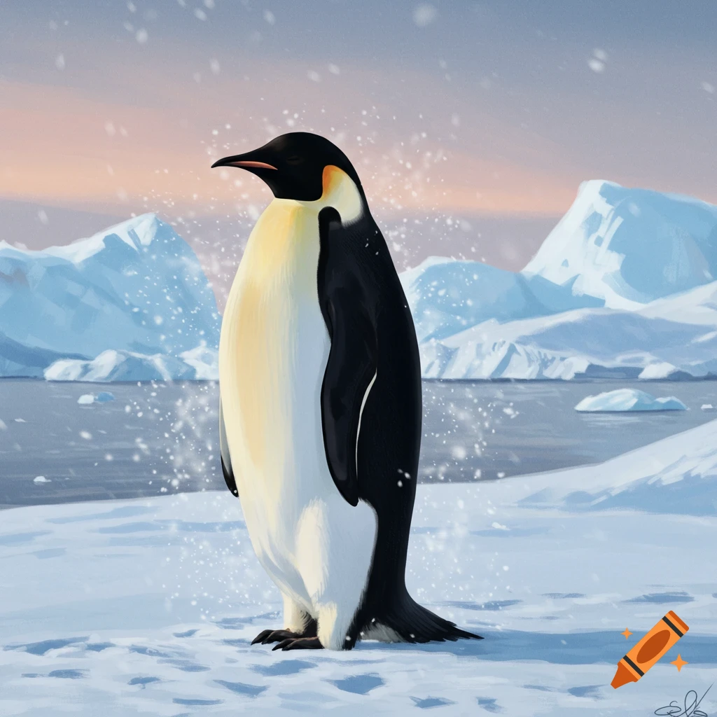 An emperor penguin stands on snowy ground in Antarctica with icebergs in the background and a soft, pastel sky.