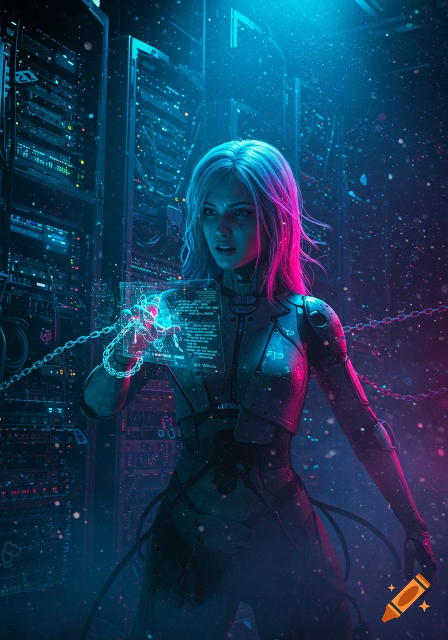 A woman with neon-highlighted hair in futuristic armor holds a glowing data tablet in a blue and pink lit server room.