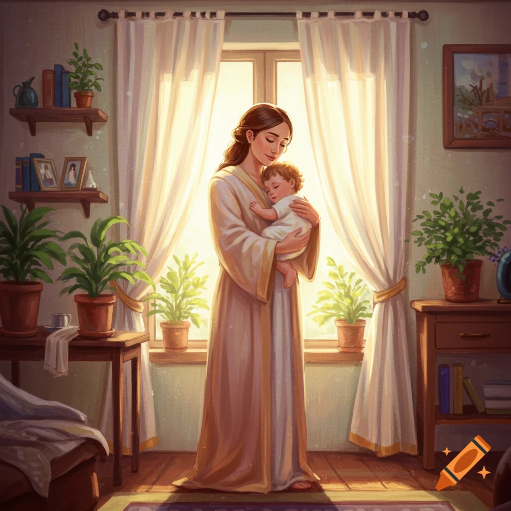 A loving mother holds her sleeping baby in a warm, sunlit room with plants, rendered in a painterly style.