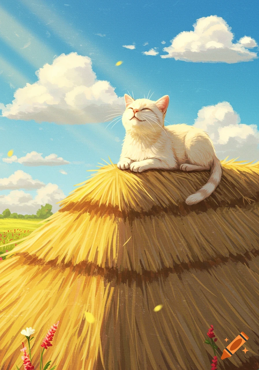 A serene white cat sunbathes atop a golden haystack under a bright blue sky with fluffy clouds, in a vibrant illustration.