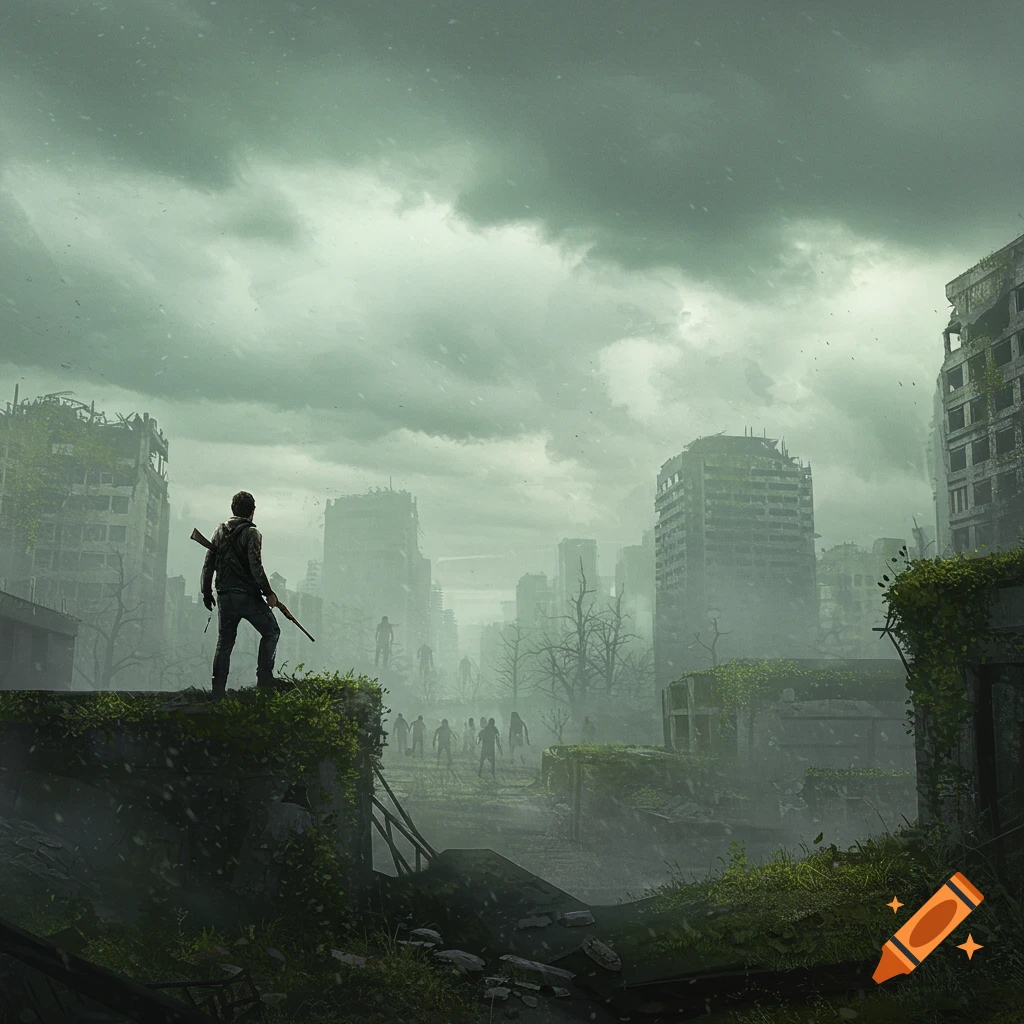 A lone survivor with a rifle surveys a zombie-infested, overgrown, post-apocalyptic city under a dark, cloudy sky.
