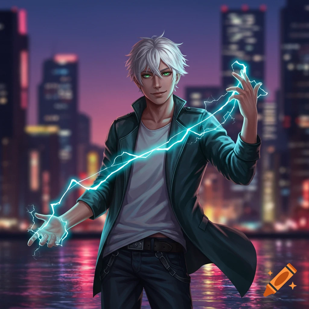 Digital art of a white-haired young man with green eyes creating blue lightning between his hands in a night city.