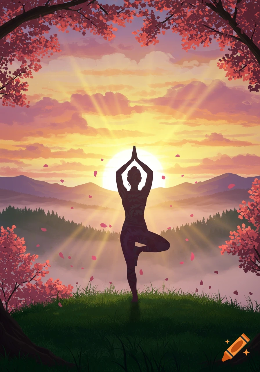 Illustrated silhouette of a person doing a yoga tree pose on a grassy hill at sunset, framed by cherry blossoms.
