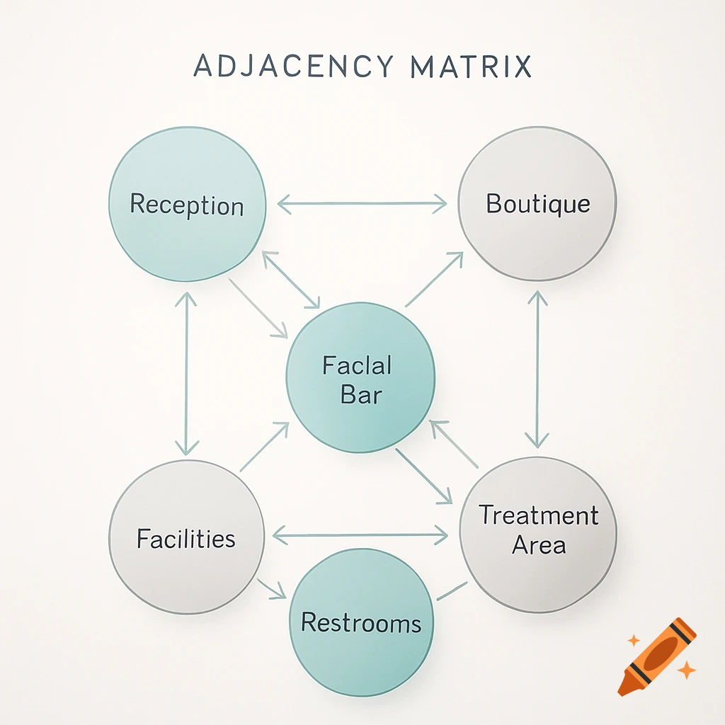 An adjacency matrix diagram with six interconnected nodes: Reception, Boutique, Facial Bar, Facilities, Restrooms, and Treatment Area.
