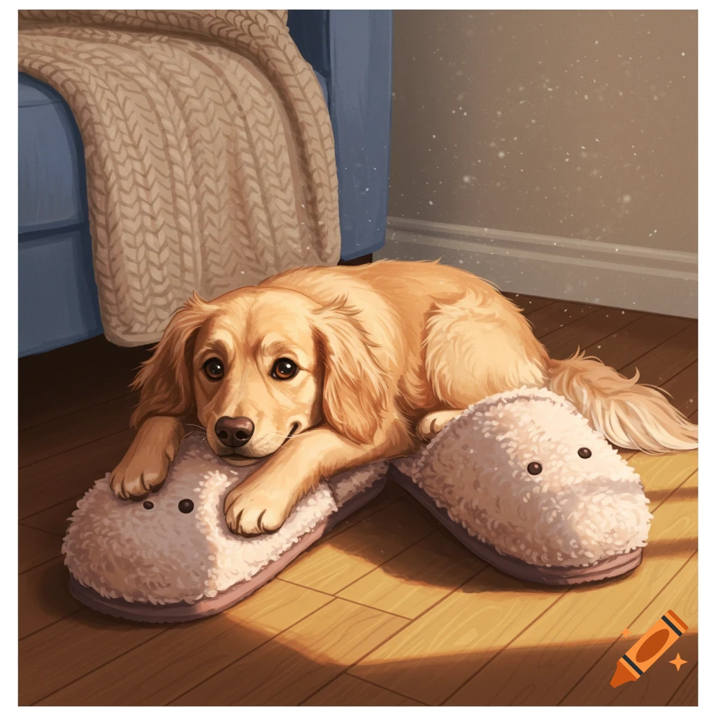 A cozy illustration of a golden retriever dog lying with its head on a fluffy white slipper on a wooden floor.