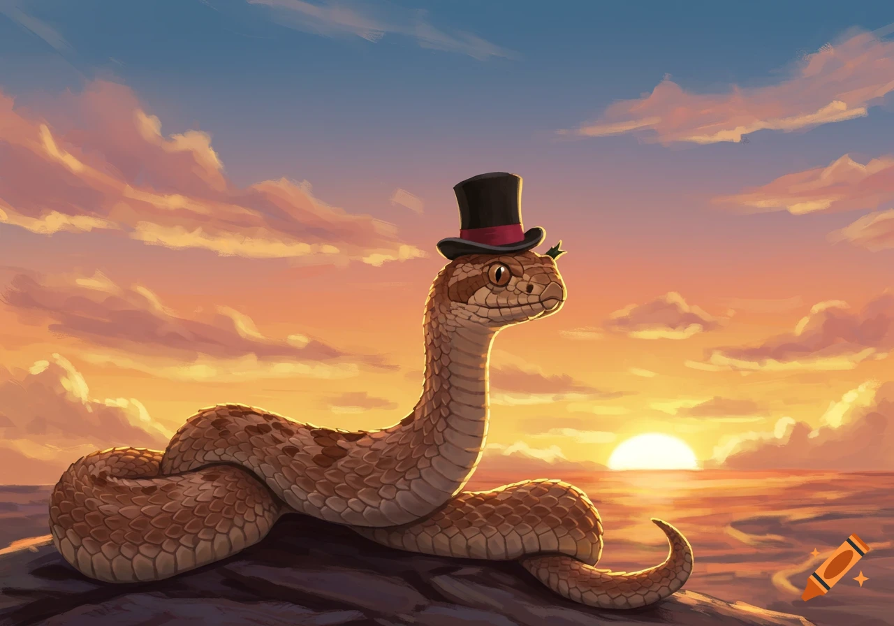 An illustrated hognose snake wearing a black top hat, silhouetted against a vibrant sunset over water.