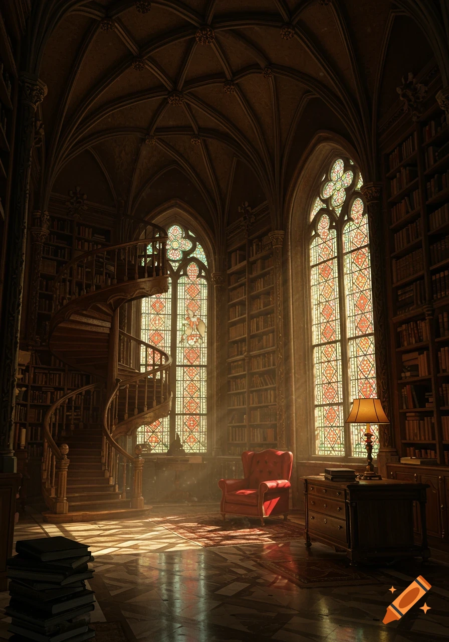 An ornate library in an old mansion with a spiral staircase, tall bookshelves, stained glass windows, and a red armchair in warm sunlight.