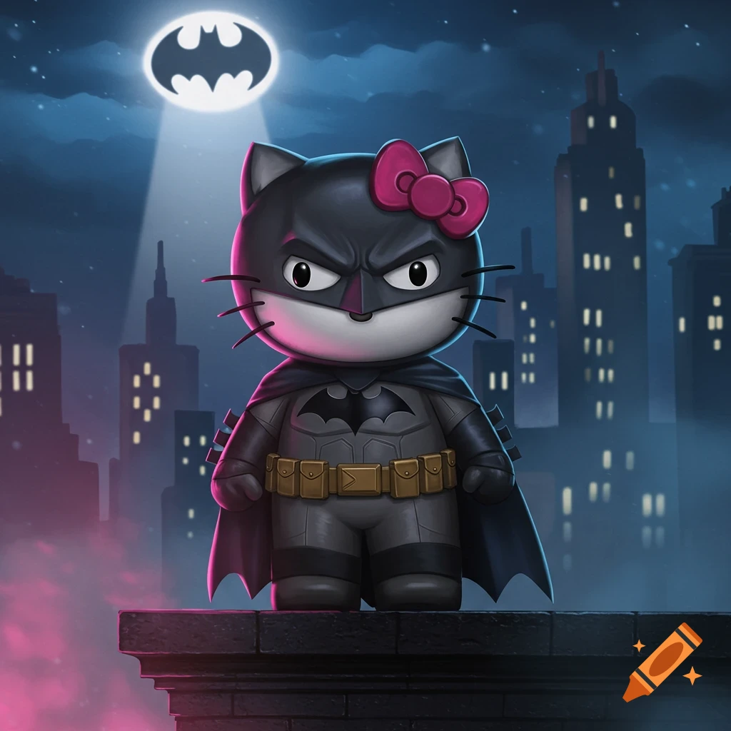 Hello Kitty dressed as Batman stands on a rooftop overlooking a dark city with the Bat-Signal in the sky.