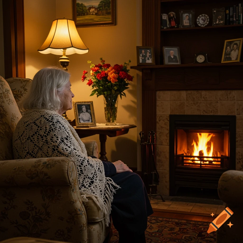 An elderly woman with white hair, draped in a crochet shawl, sits in an armchair by a warm fireplace in a cozy living room.