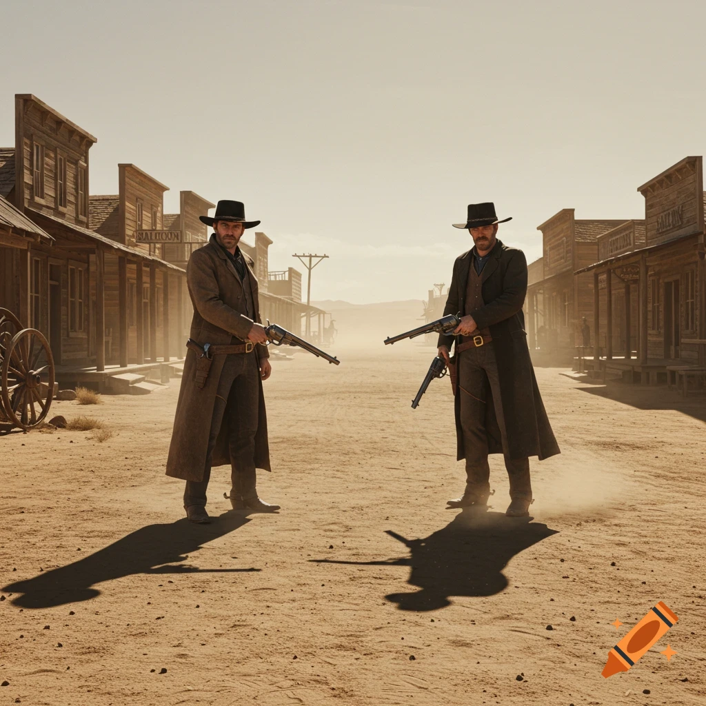 Two gunslingers in long coats face off, drawing pistols on a dusty Old West street lined with wooden buildings.