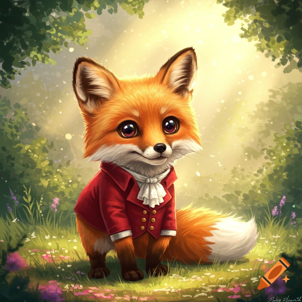 A cute fox in a red suit with a ruffled cravat sits in a sunlit forest with green foliage and small pink flowers.