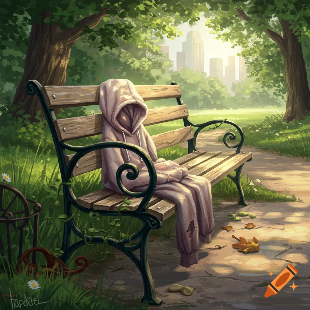 A pink hoodie and sweatpants slumped on a wooden park bench in a vibrant, illustrated park scene with distant city buildings.