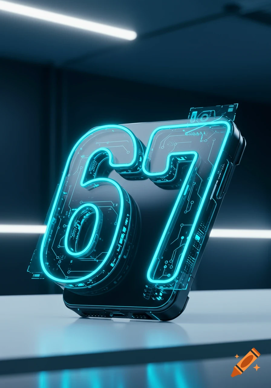 A futuristic phone shaped as the number 67, glowing with neon blue light and circuit board patterns on a minimalist surface.