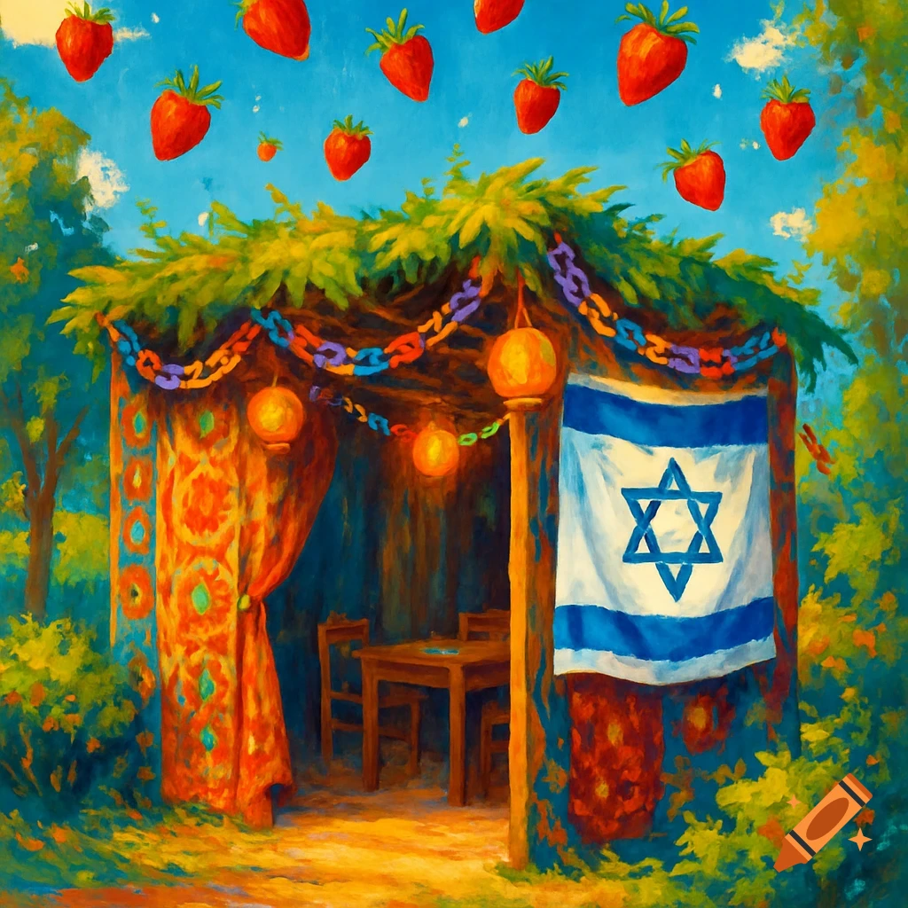 A painterly sukkah decorated with colorful chains, lanterns, and an Israeli flag, with strawberries floating in the blue sky.
