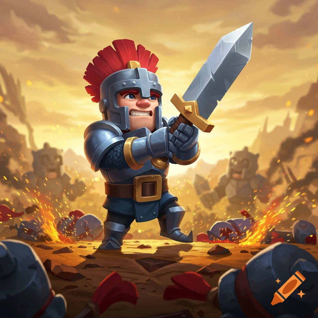 A squat, cartoonish knight in armor with a red plume, wielding a sword on a burning battlefield at sunset.