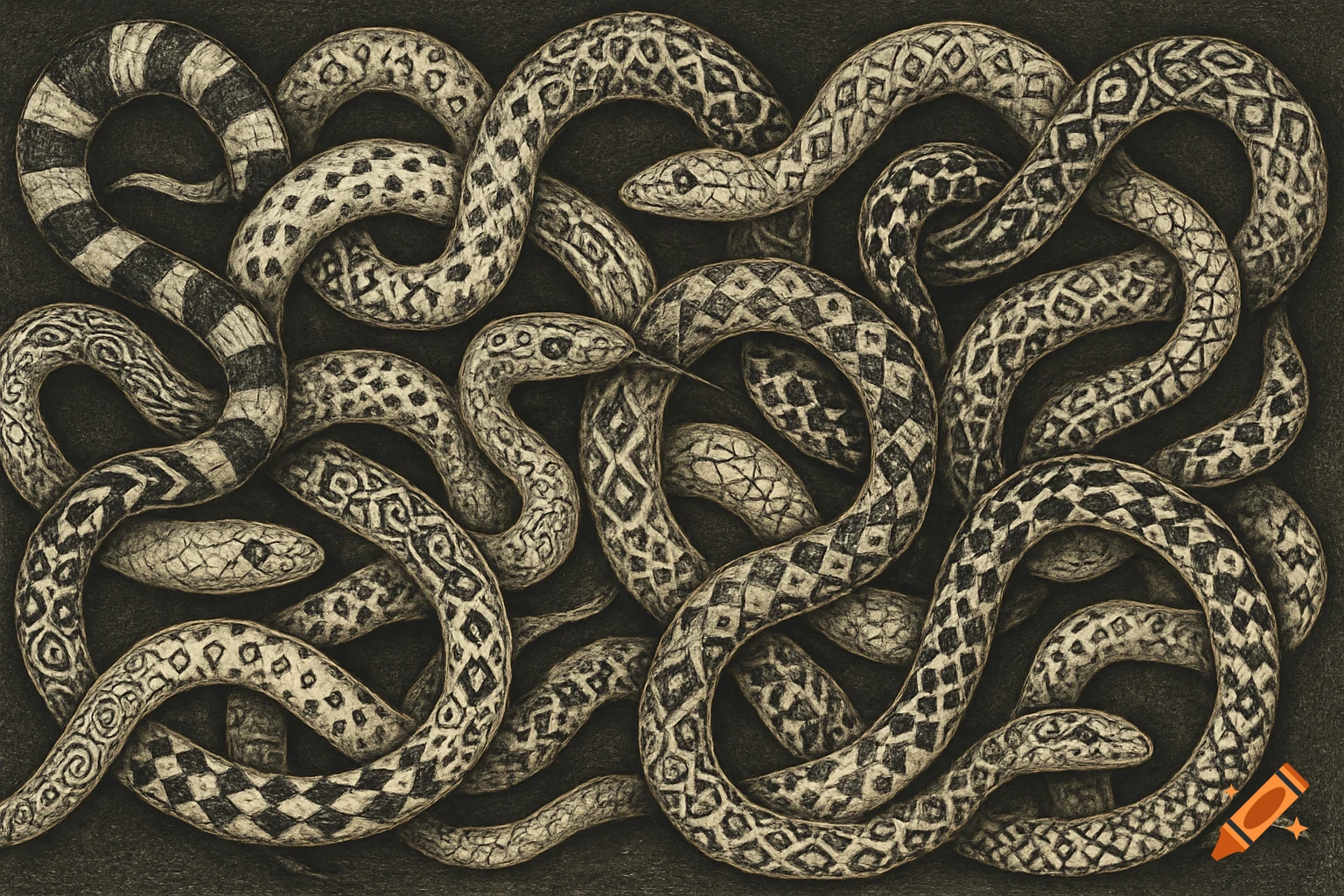 Black and white ink drawing of many intertwined snakes with various patterns on a dark grey background.