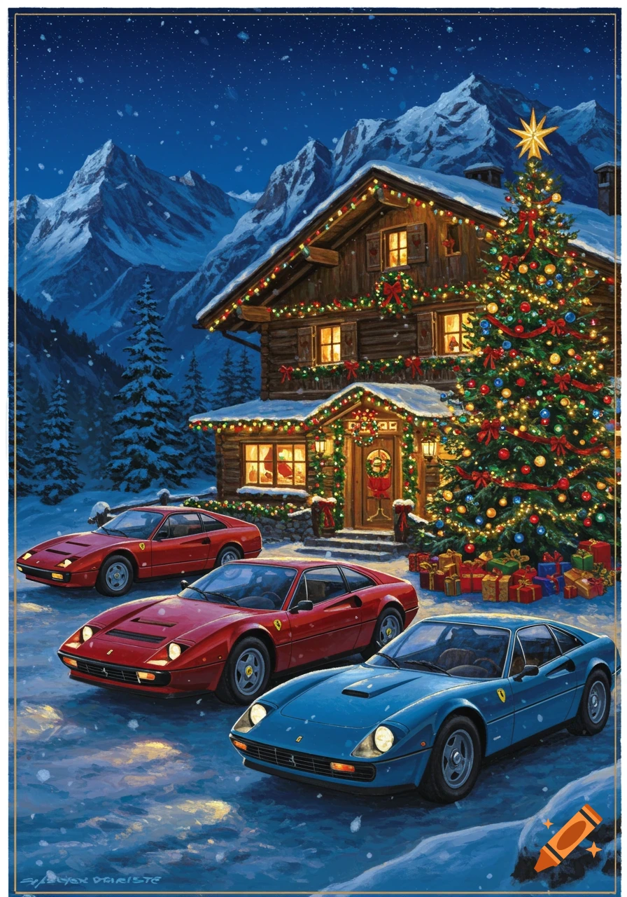 Painterly image of three Ferrari cars, two red and one blue, parked in front of a snow-covered mountain lodge decorated for Christmas at night.