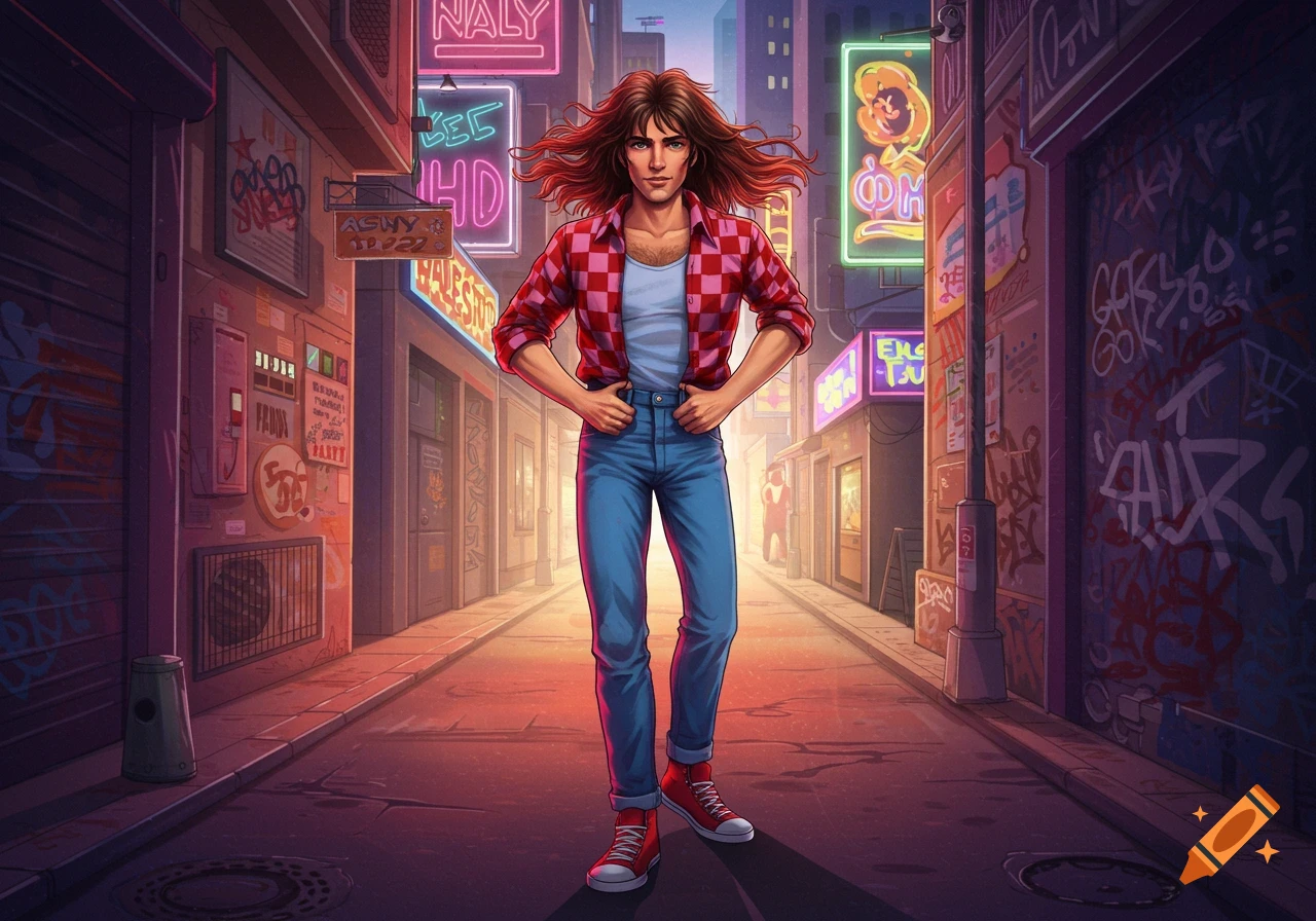 A long-haired man with a mullet, wearing a red checkered shirt, blue jeans, and red sneakers, stands in a neon-lit city street.