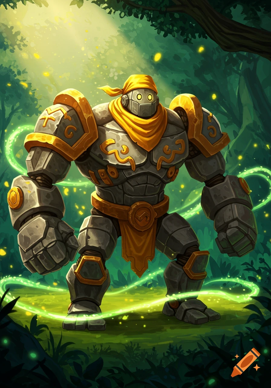 An anime-style warrior golem with a gold bandana and glowing eyes stands in a vibrant green forest with magical light.