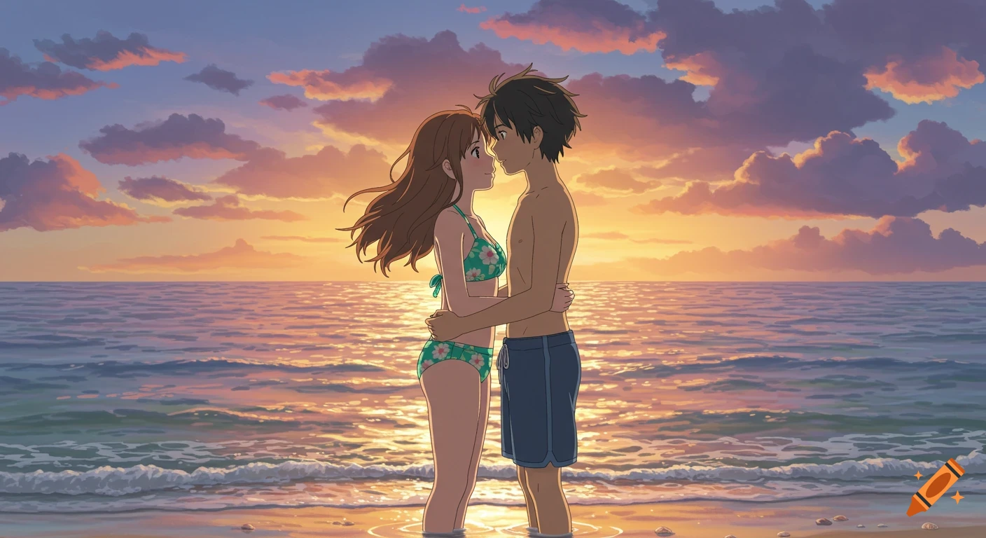 An anime couple in swimsuits embraces in the ocean at sunset, in a Studio Ghibli style.