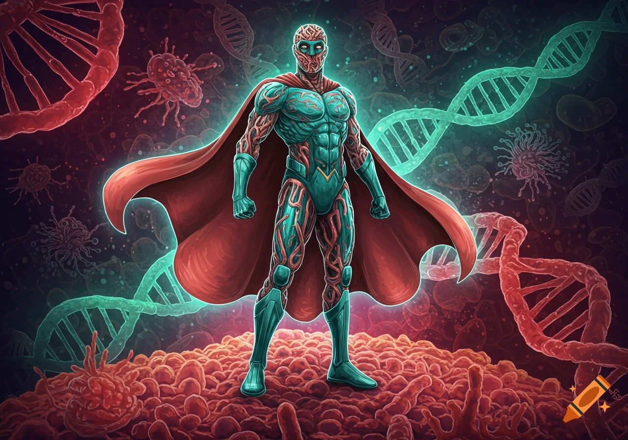 A muscular superhero with teal and red biological patterns stands on a microscopic landscape of cells, with glowing DNA strands and microorganisms in the dark background.