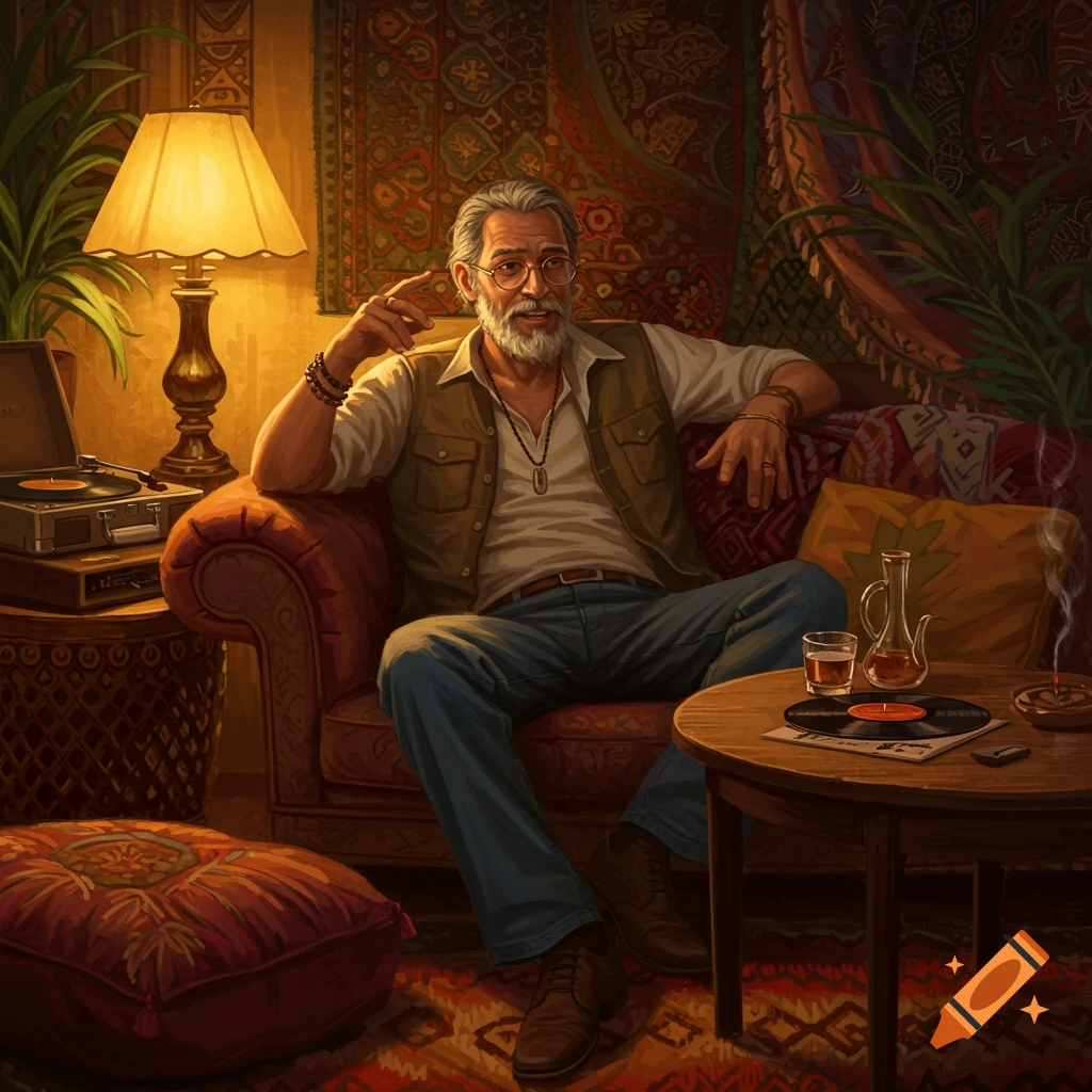 An illustration of a relaxed, bearded man with glasses sitting on a sofa in a cozy, bohemian-style living room.