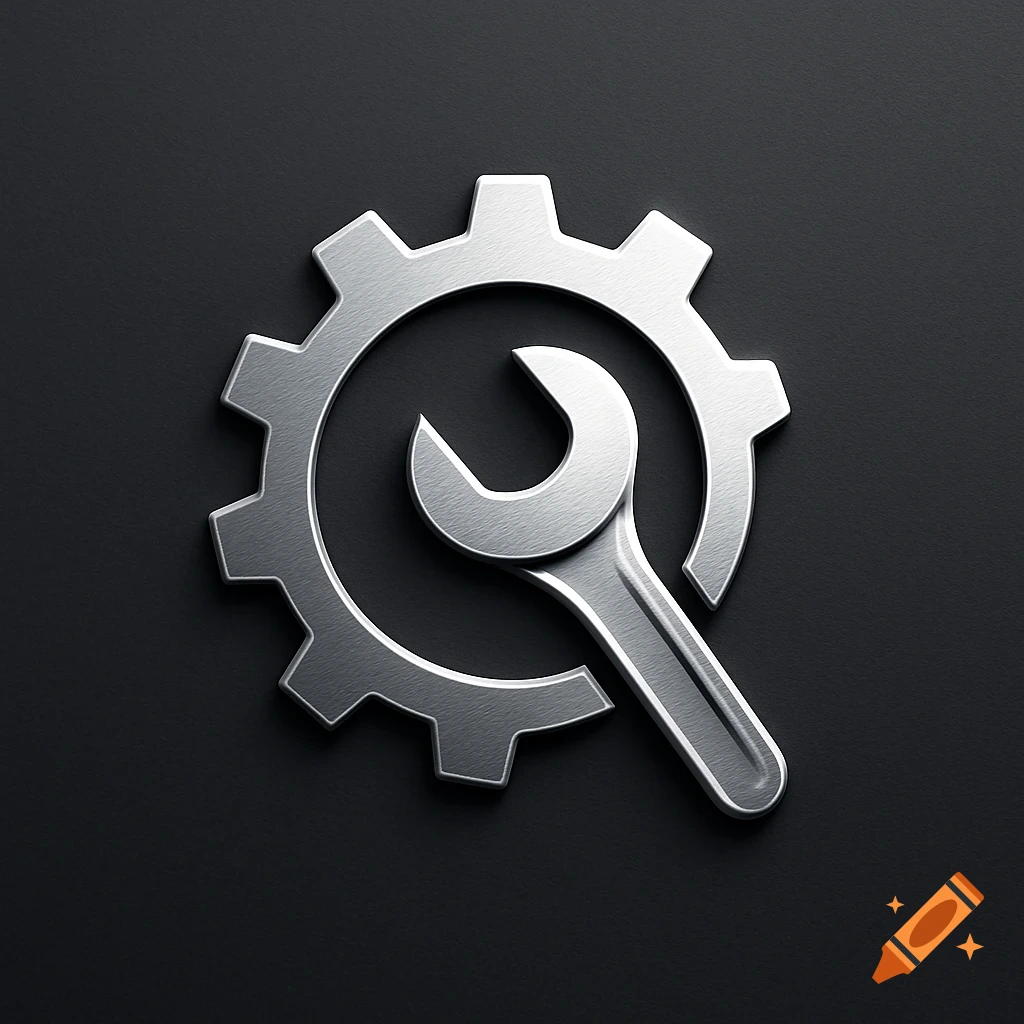 A shiny metallic silver gear with a wrench in the center on a dark gray background, 3D render.