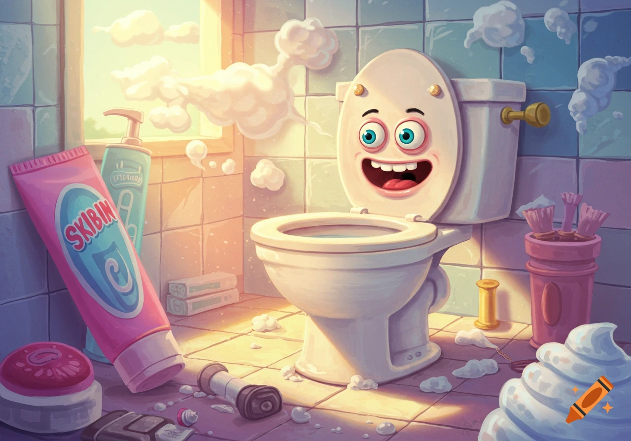 A whimsical cartoon of a happy toilet with a face, surrounded by cleaning products and bubbles in a sunny bathroom.