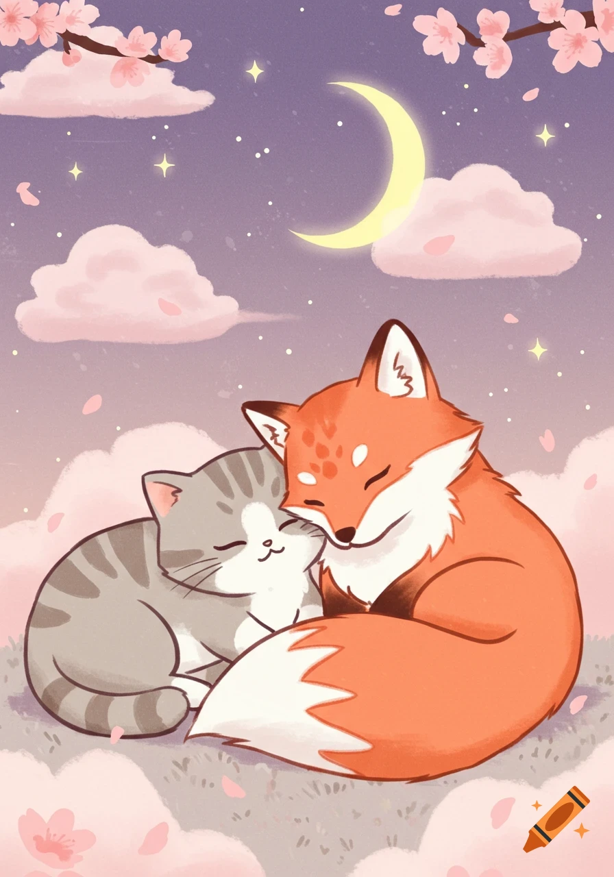 Cute kawaii illustration of a cat and a fox sleeping huddled together under a crescent moon with cherry blossoms.