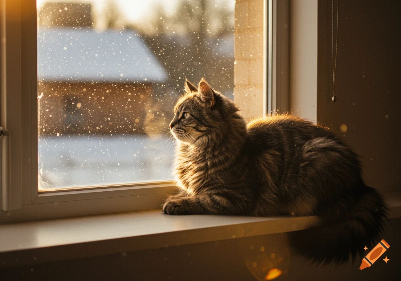 A fluffy tabby cat sits on a sunlit windowsill, gazing out at a snowy scene with sparkling light.