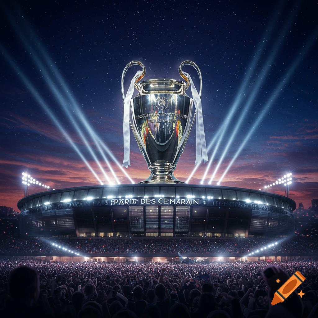 Large, gleaming trophy above a brightly lit stadium packed with a massive crowd under a starry twilight sky with spotlights, photorealistic.