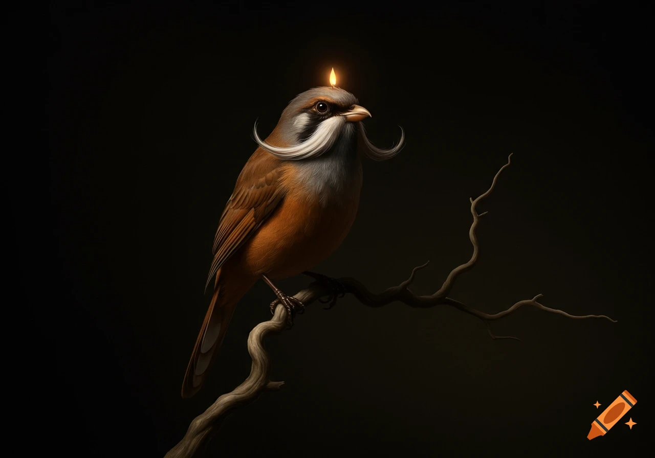A dramatic painting of a brown bird with a white mustache and a flame on its head, perched on a dark branch.
