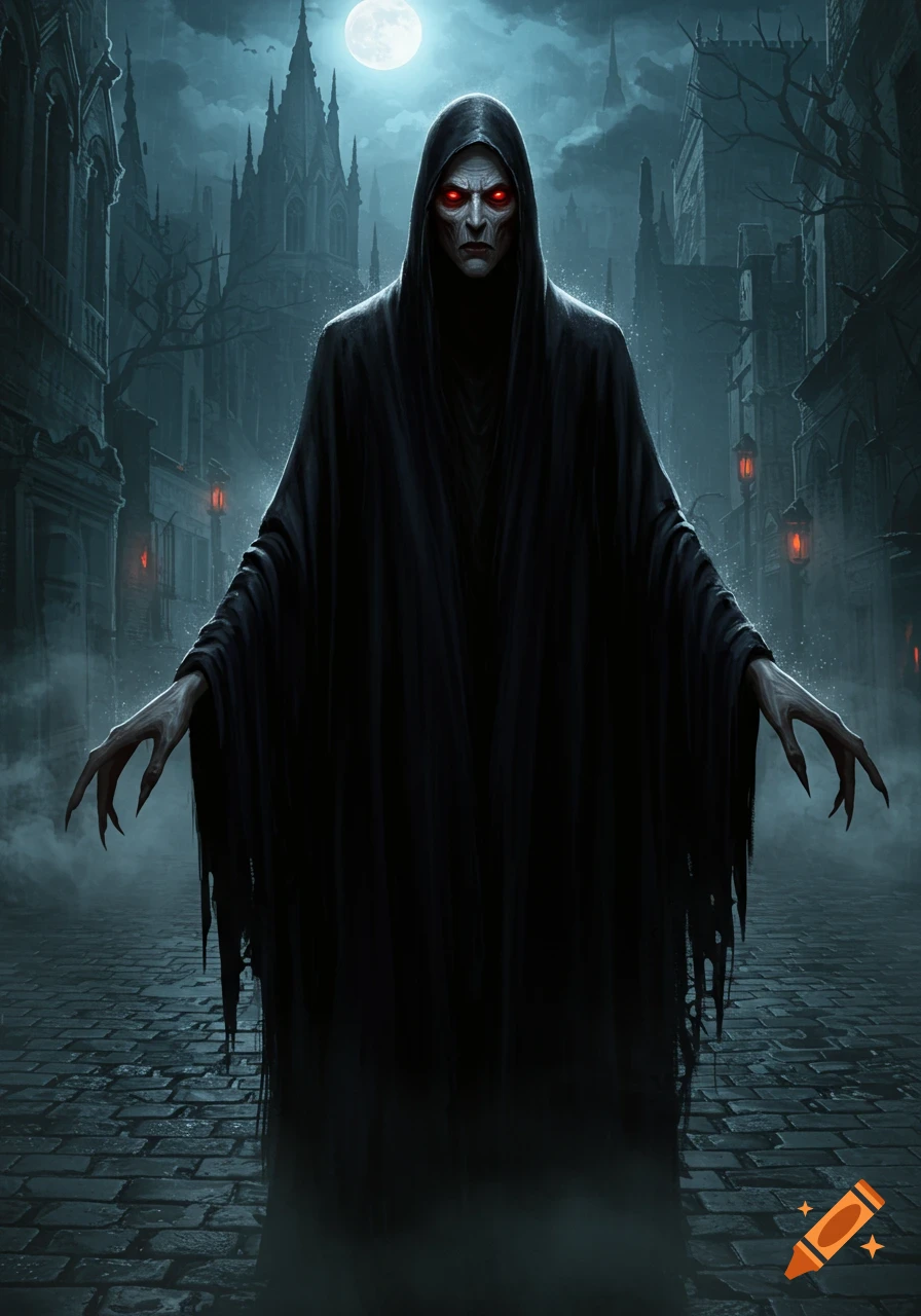 A dark, hooded, Nosferatu-like figure with glowing red eyes and clawed hands stands in a foggy gothic street under a full moon.