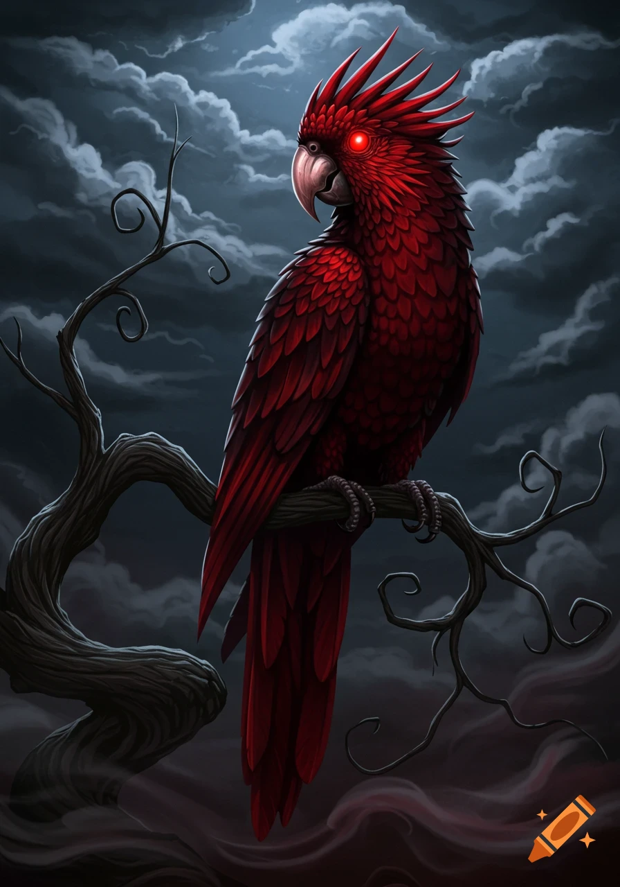 A menacing red vampire-parrot with glowing red eyes perches on a gnarled branch in dark fantasy style.
