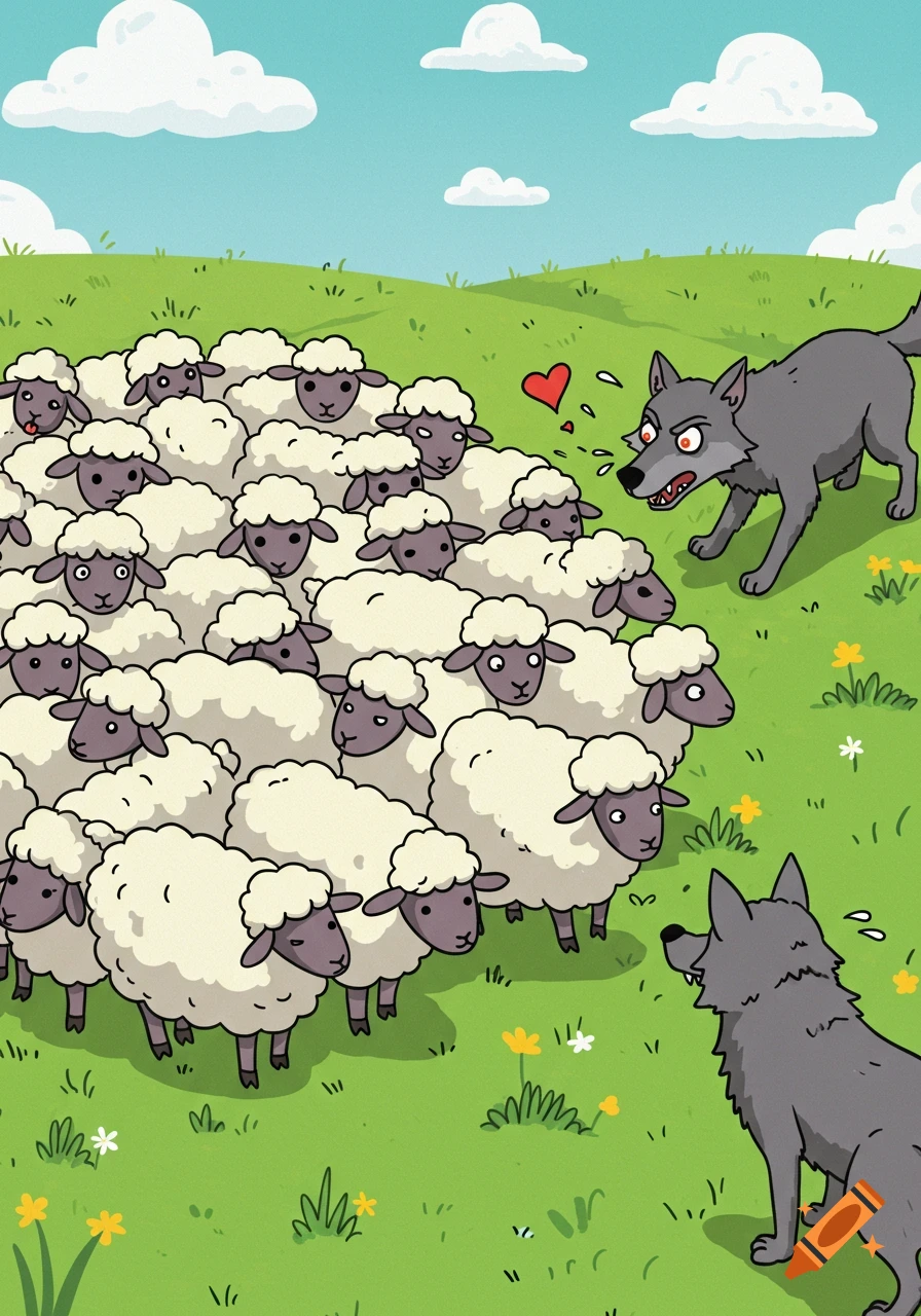 Funny cartoon of a wolf menacing a flock of sheep in a grassy field, as one sheep sticks out its tongue. Another wolf observes.