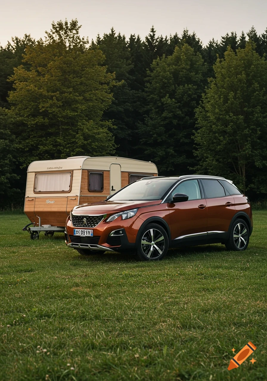 A copper brown Peugeot 3008 SUV is parked next to a vintage style 'Chateau' caravan in a grassy field with trees in the background.