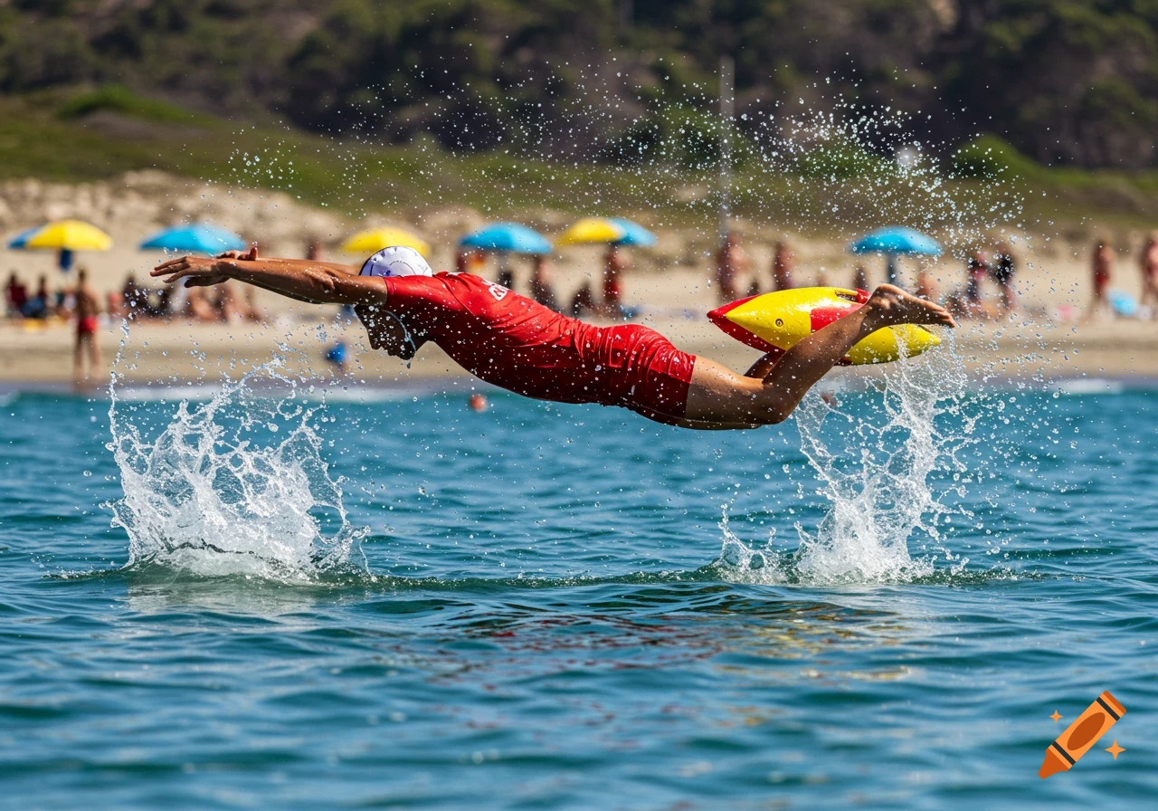 A person in a red suit and cap dives headfirst into the ocean, creating a large splash, with a sunny beach in the background.