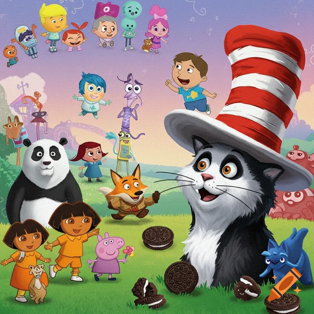 Various cartoon characters including Cat in the Hat, Dora, Peppa Pig, a panda, a fox, and Inside Out characters on green grass with Oreo cookies.