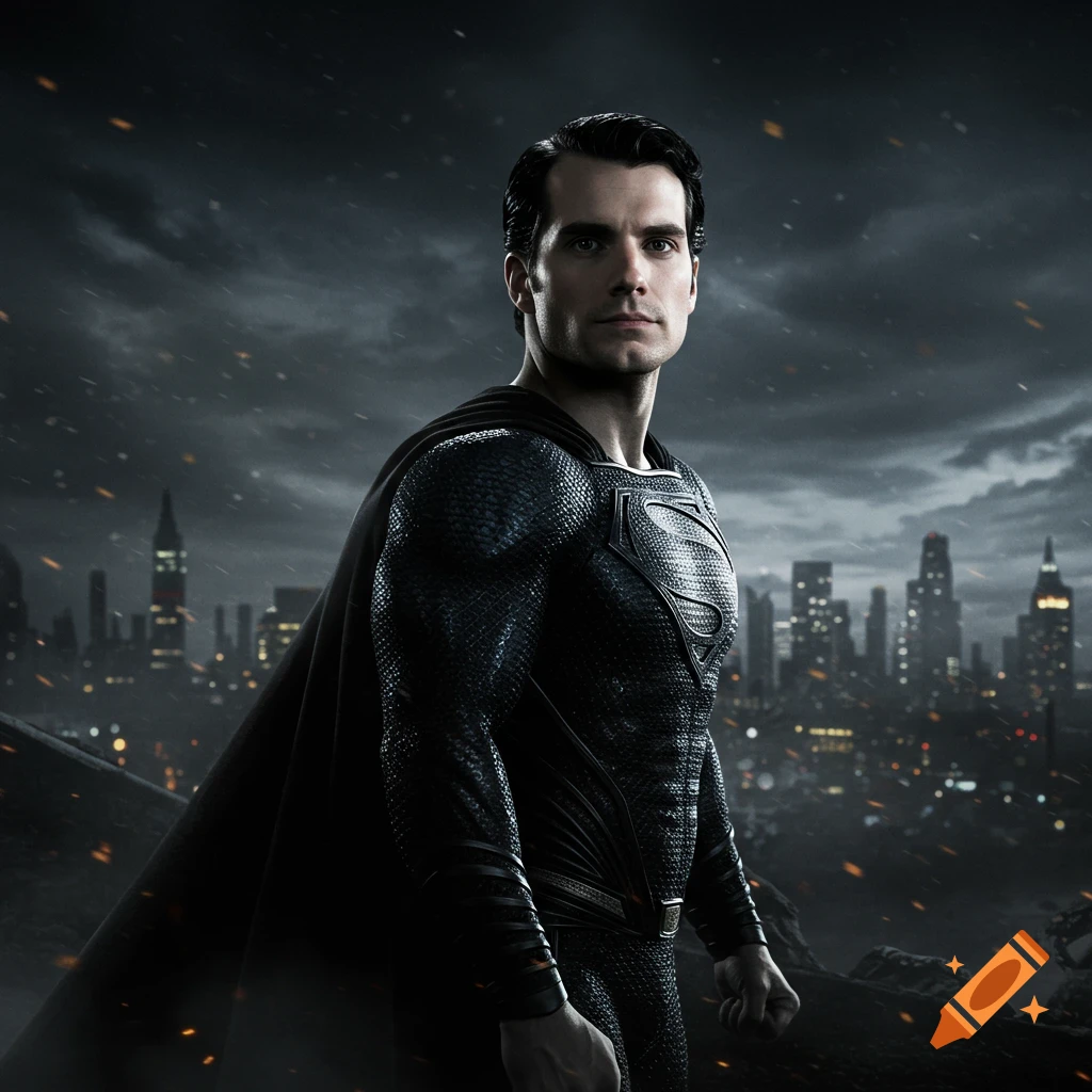Henry Cavill as Superman in a black suit with a cape, standing against a dark, stormy city skyline at night.