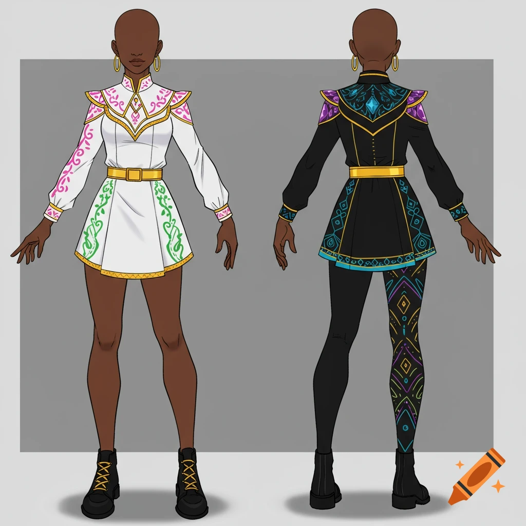 Two full-body character designs showcasing white and black fantasy outfits with African and Caribbean patterns and colors.
