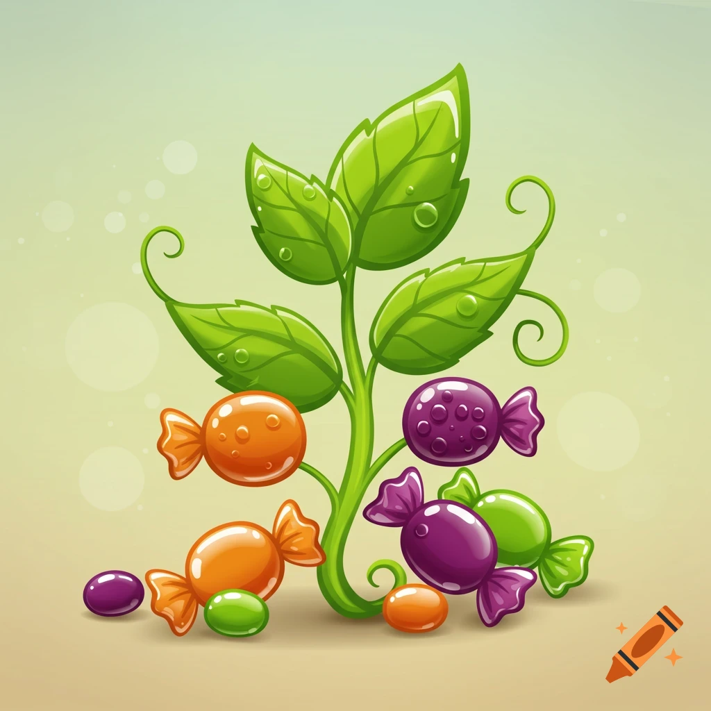 Cartoon plant with green leaves and water droplets, growing colorful candies in orange, purple, and green on a light background.
