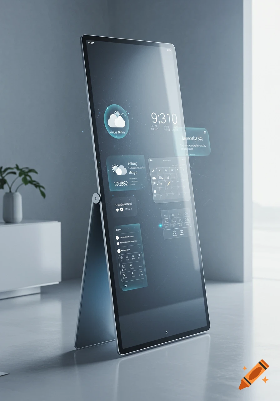 A sleek, futuristic tablet-like device with a transparent screen displaying various widgets and information in a minimalist room.