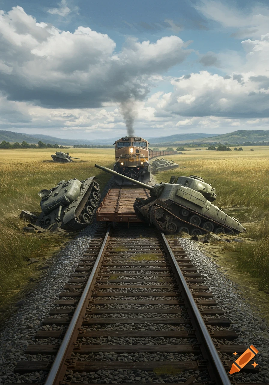 A photorealistic image of a train on tracks in a golden field, passing several olive green military tanks, some fallen from a flatcar.