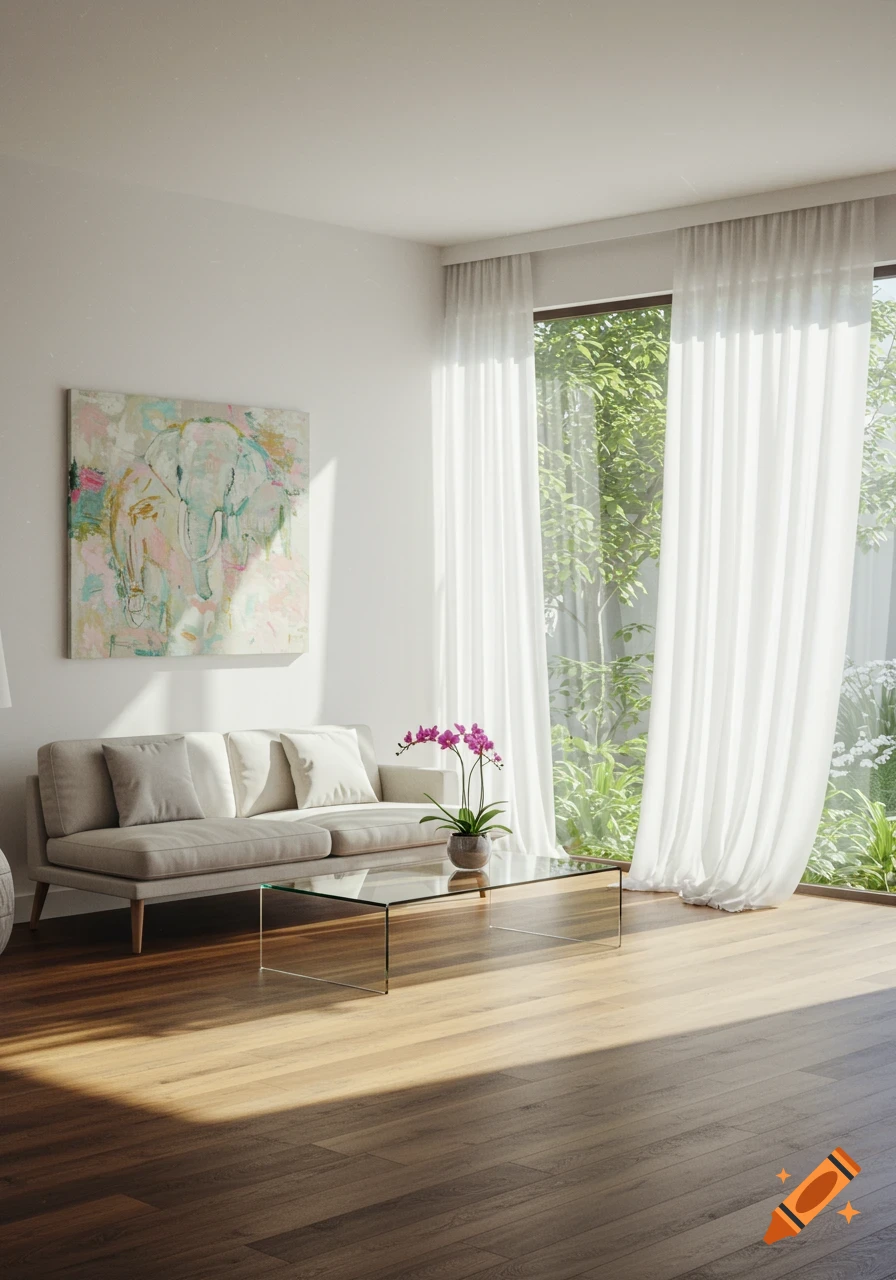 A modern living room with a light sofa, glass coffee table with a pink orchid, and an abstract elephant painting on the wall, bathed in natural light from large windows.