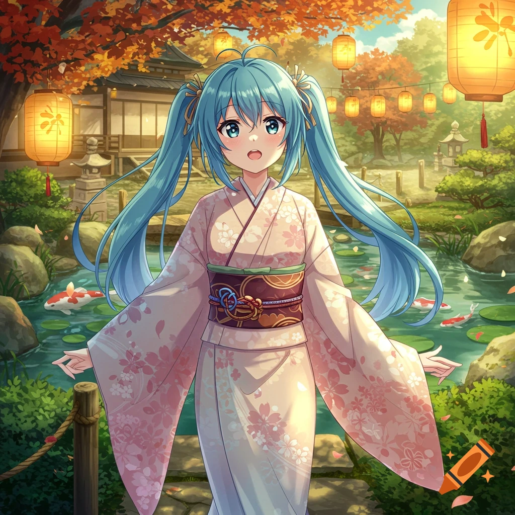 An anime girl with blue hair in a pink kimono stands in a vibrant Japanese garden with koi ponds, lanterns, and autumn foliage.